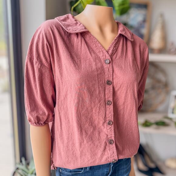 Dazy, Women's Medium, Solid Button Front Shirt Bishop Sleeves, Rusty Brown Rose - Picture 3 of 8